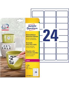 Etykiety samoprzylepne A4, foliowe etykiety Avery Zweckform Heavy Duty, 20 ark, 63,5x33,9mm, usuwalne