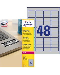 Etykiety samoprzylepne A4, srebrne etykiety foliowe Avery Zweckform 100 ark, 45,7x21,2mm