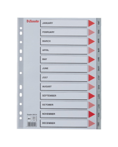 Przekładki plastikowe A4 szara Esselte, indeksy z nadrukiem (JAN-DEC)