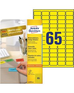 Etykiety usuwalne kolorowe, A4, 20 ark./op., 38,1 x 21,2 mm, żółte, AVERY ZWECKFORM, L4793-20