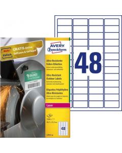 Etykiety polietylenowe ultra resistant, A4, 40 ark./op., 45,7x21,2mm, AVERY ZWECKFORM, L7911-40